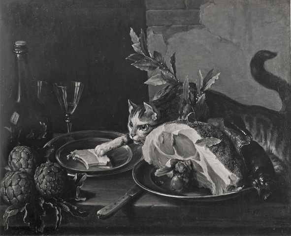 Anonimo — Desportes Alexandre-François - sec. XVIII - Natura morta con prosciutto, pesce, carciofi, piatti e gatto — insieme